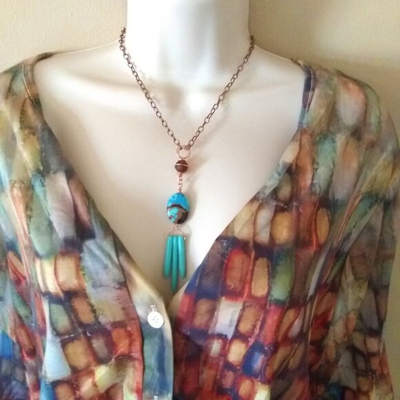 Boho Southwestern Wild Child Vibes! X-Long Turquoise & Brown Statement Necklace - Picture 1 of 12